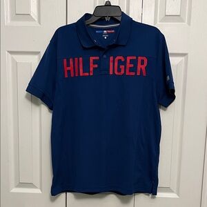 Tommy Hilfiger Men's Navy blue Polo with Red Lettering large